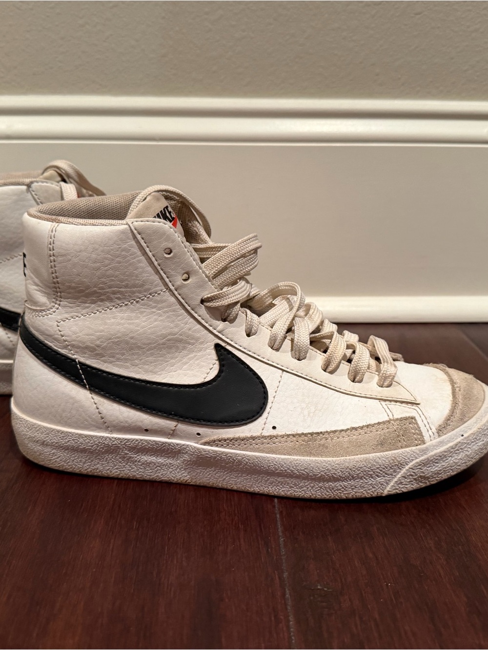 Nike White High-Top Sneakers with Black Swoosh 7Y (boys or girls)